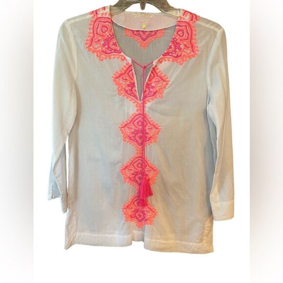 Lilly Pulitzer Sz S White Neon Pink Boho Embroidered Tassle Ties Light Shirt - Picture 1 of 8